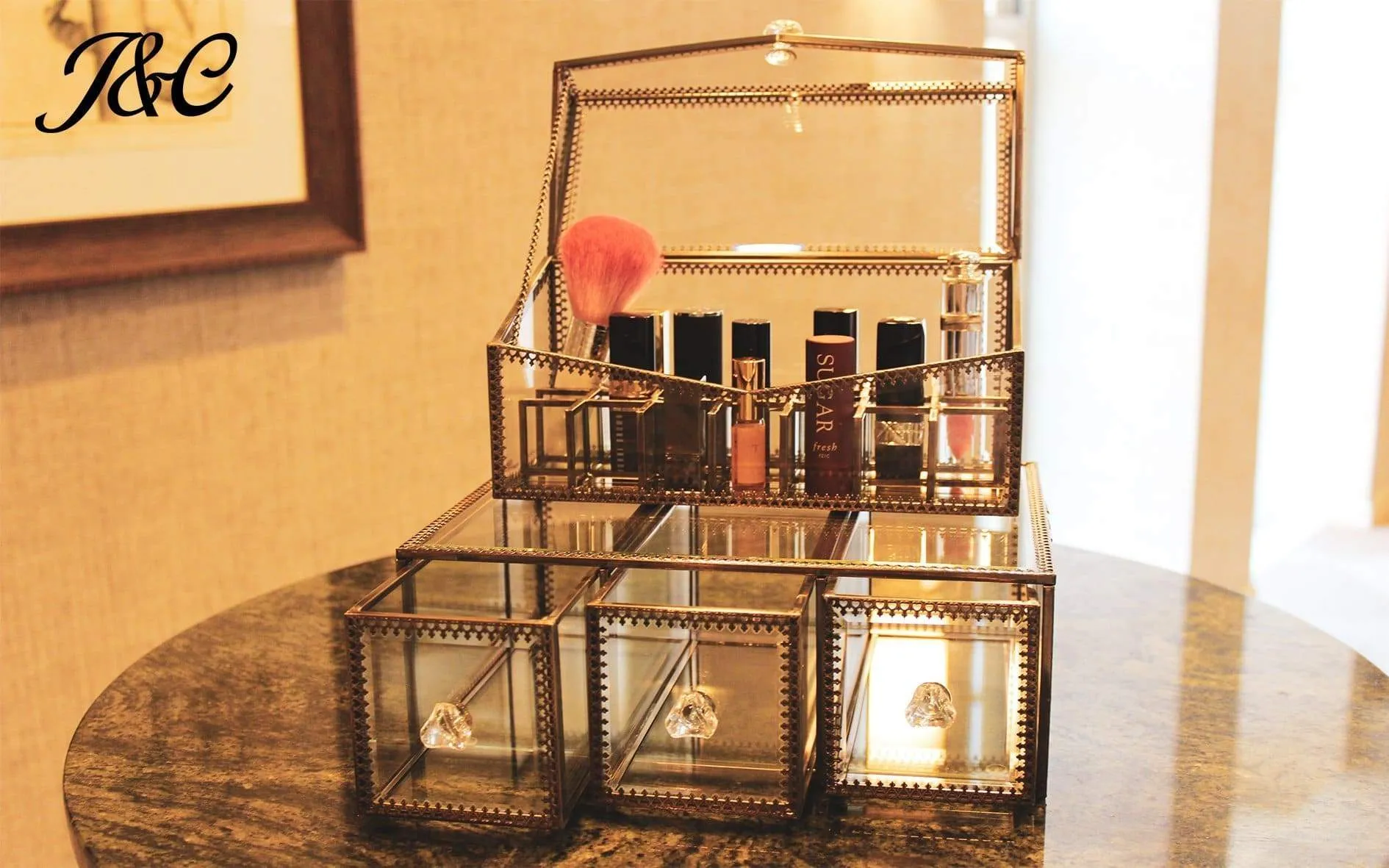 Antique Large 4 Tier Clear Glass with Brass Metal Cosmetic Makeup Storage Cube Organizer with 6 Drawers. Each of Which Can be Used Individually - By JC (4SET)