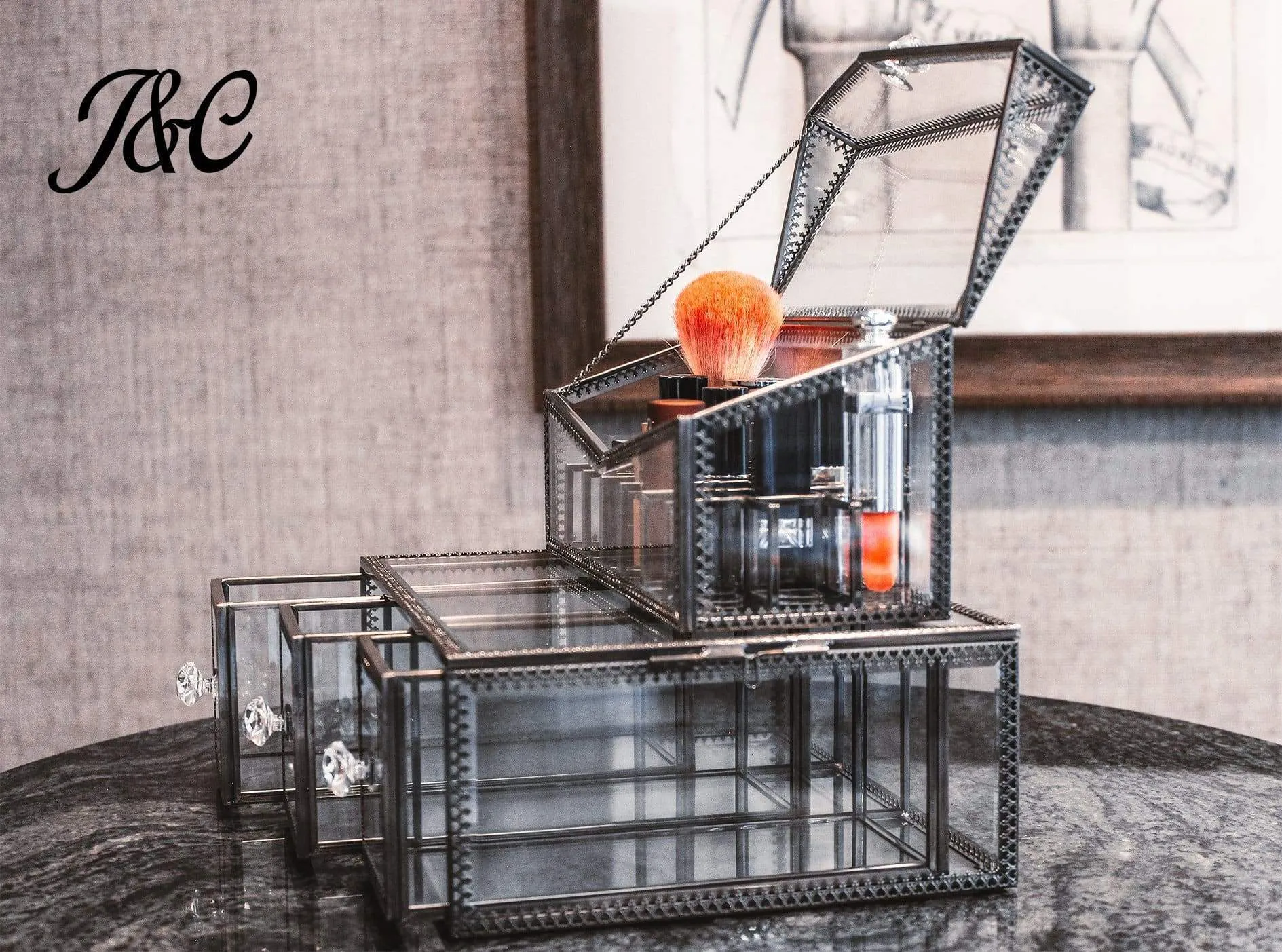 Antique Large 4 Tier Clear Glass with Brass Metal Cosmetic Makeup Storage Cube Organizer with 6 Drawers. Each of Which Can be Used Individually - By JC (4SET)