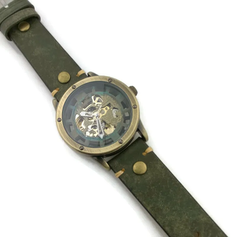 Automatic Mechanical Watch, Blue Dial with  Green Leather Band