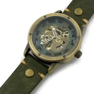 Automatic Mechanical Watch, Blue Dial with  Green Leather Band