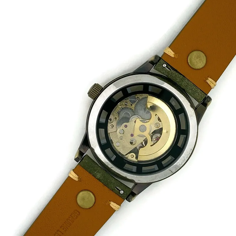 Automatic Mechanical Watch, Blue Dial with  Green Leather Band