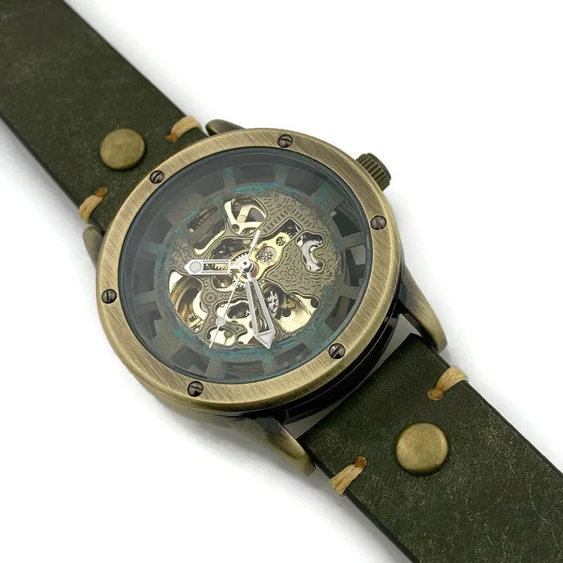 Automatic Mechanical Watch, Blue Dial with  Green Leather Band