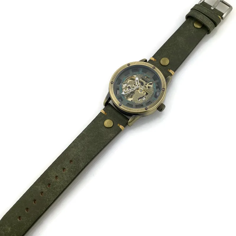 Automatic Mechanical Watch, Blue Dial with  Green Leather Band