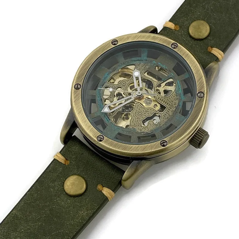 Automatic Mechanical Watch, Blue Dial with  Green Leather Band
