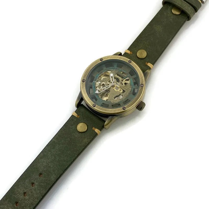 Automatic Mechanical Watch, Blue Dial with  Green Leather Band