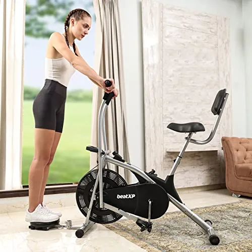 beatXP Typhoon AirTronic 4CM Air Bike Exercise Cycle for Home Workout with Adjustable Cushioned Seat | Moving Handles & Back Support |Curve Frame & Tummy Twister With 6 Months Warranty (Black & Grey)