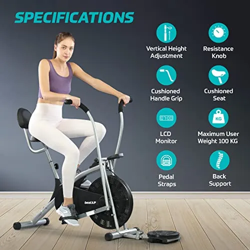 beatXP Typhoon AirTronic 4CM Air Bike Exercise Cycle for Home Workout with Adjustable Cushioned Seat | Moving Handles & Back Support |Curve Frame & Tummy Twister With 6 Months Warranty (Black & Grey)