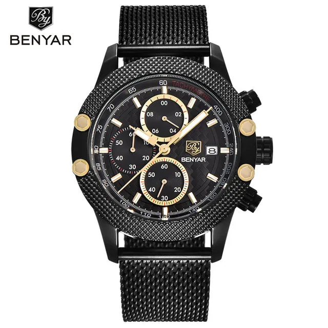 BENYAR Sport Chronograph Fashion Watches Men Mesh & Rubber Band Waterproof