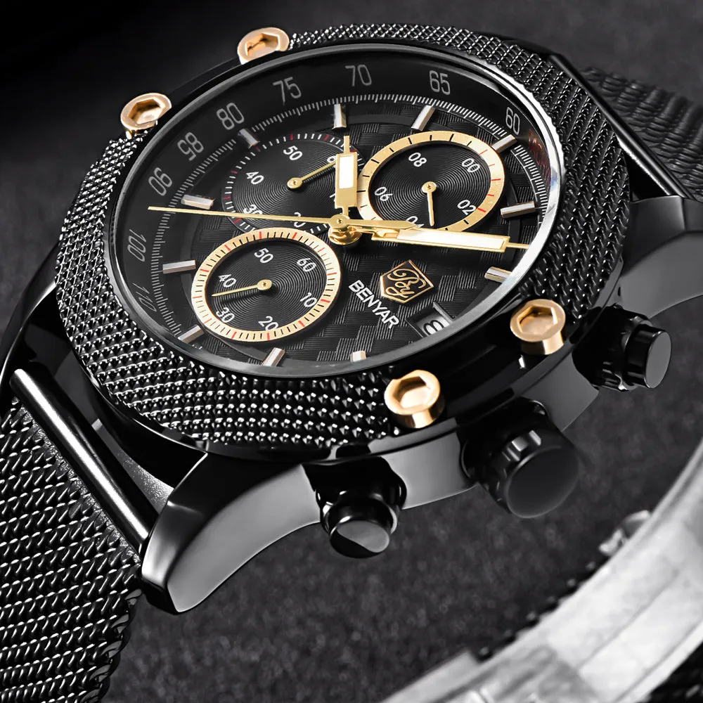 BENYAR Sport Chronograph Fashion Watches Men Mesh & Rubber Band Waterproof
