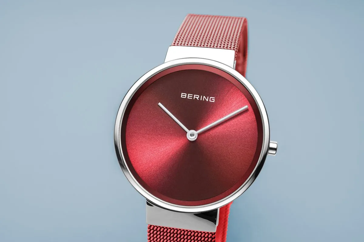 BERING Classic 31mm Polished Silver Milanese Strap Red Women's Watch 14531-303