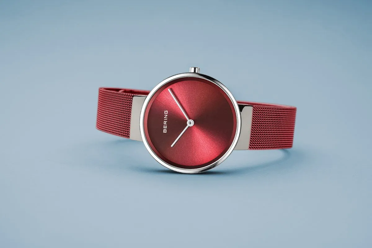 BERING Classic 31mm Polished Silver Milanese Strap Red Women's Watch 14531-303