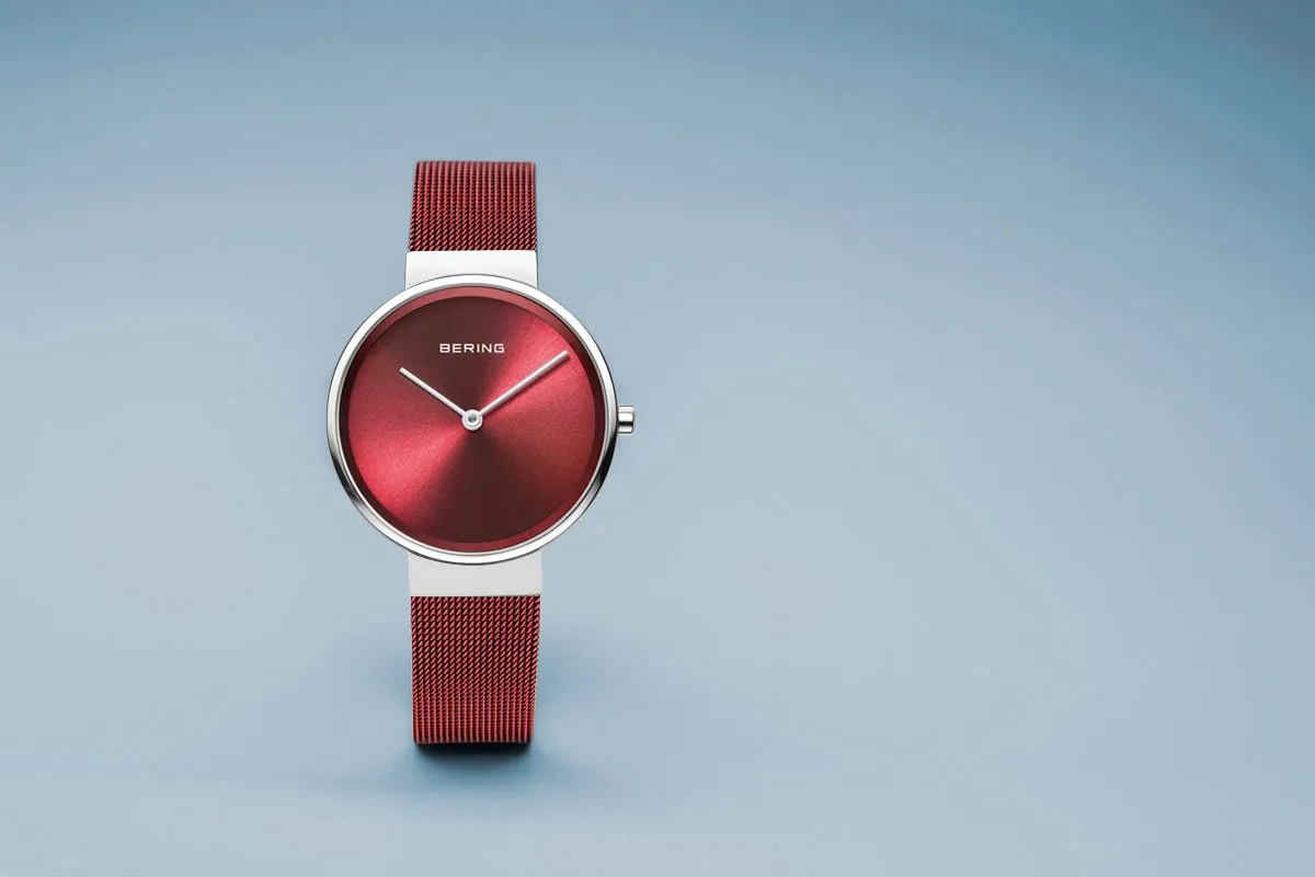 BERING Classic 31mm Polished Silver Milanese Strap Red Women's Watch 14531-303