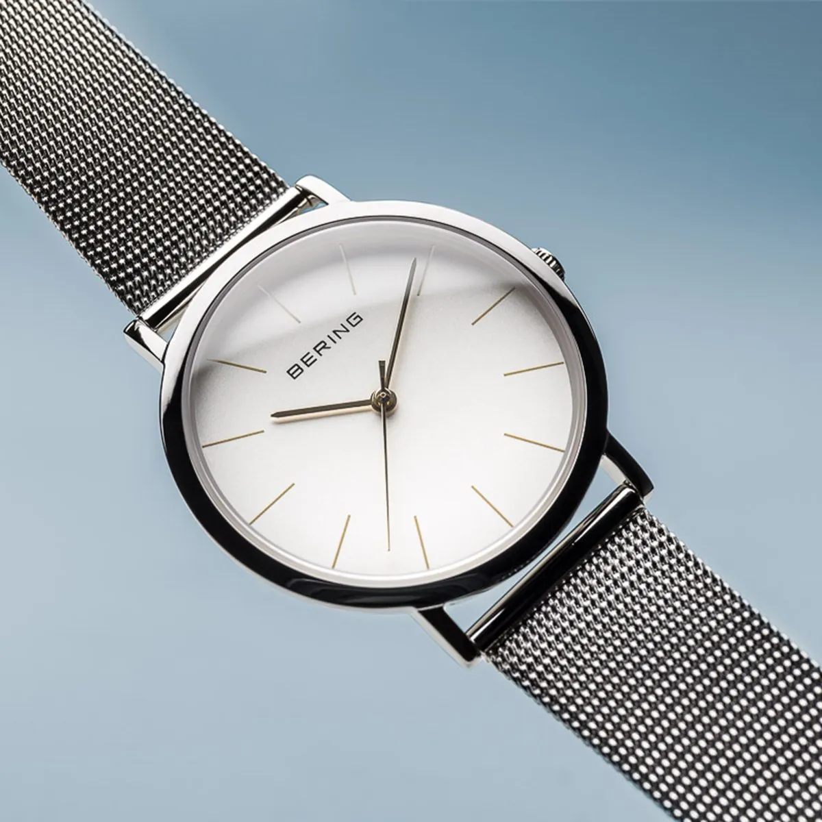 BERING Classic Polished Silver Case Silver Mesh Strap Unisex Watch 13436-001