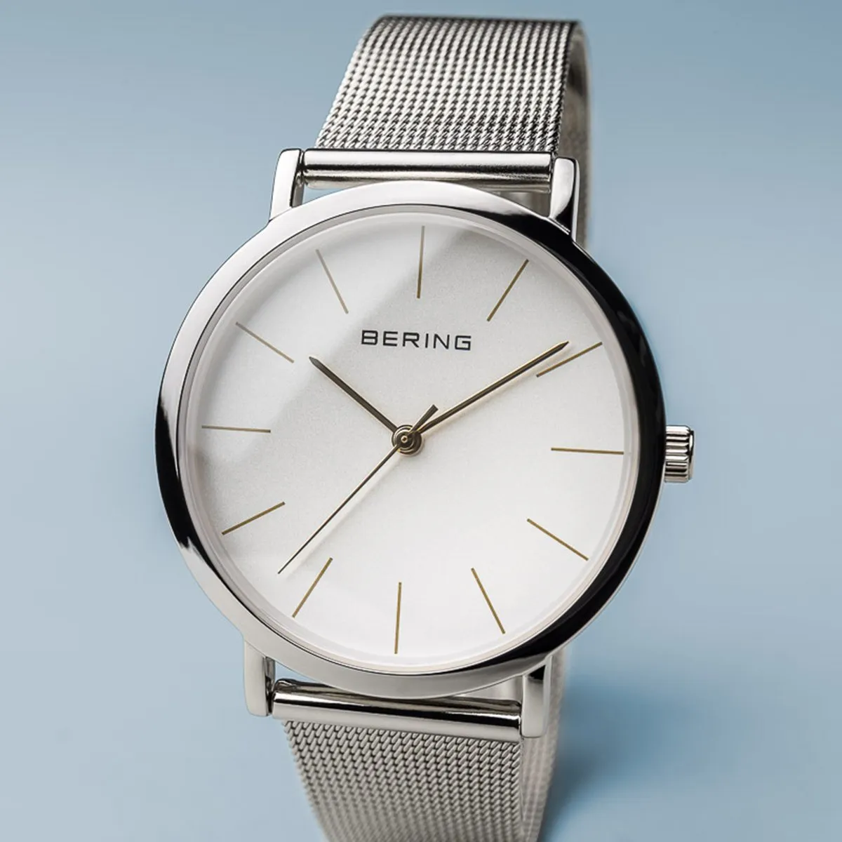 BERING Classic Polished Silver Case Silver Mesh Strap Unisex Watch 13436-001