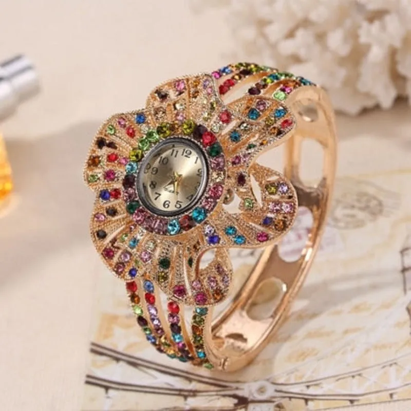 Big Flower Gemstone Watch Gold Wrist Watch Women Jewelry