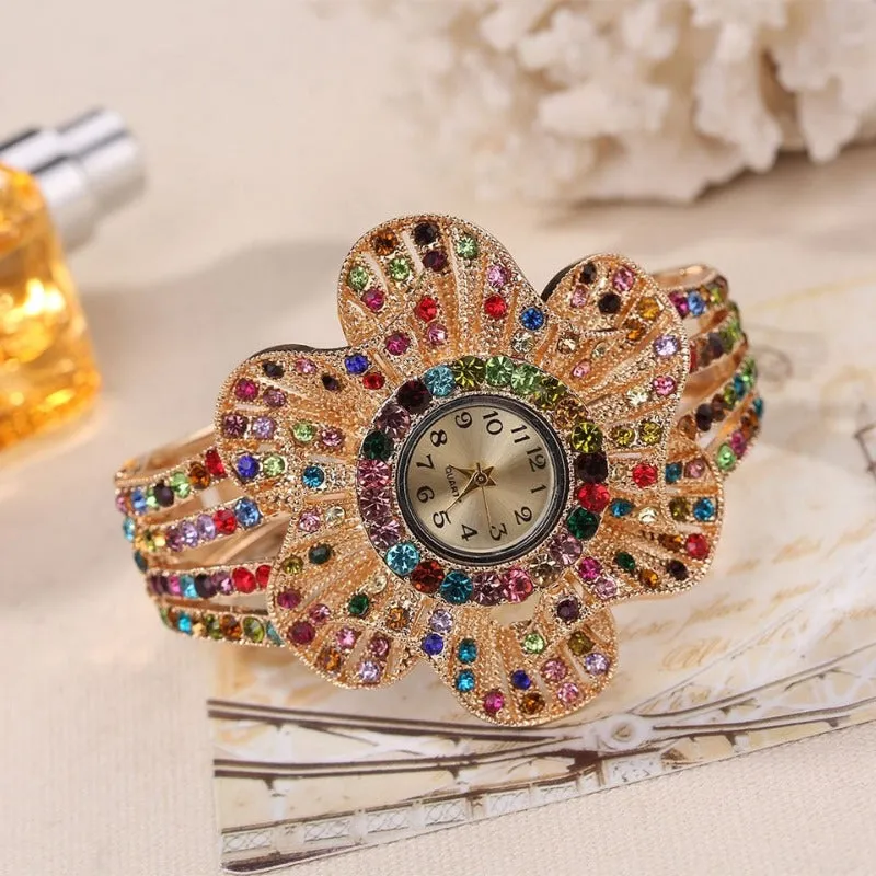 Big Flower Gemstone Watch Gold Wrist Watch Women Jewelry