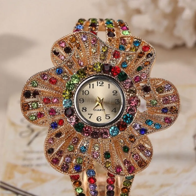 Big Flower Gemstone Watch Gold Wrist Watch Women Jewelry