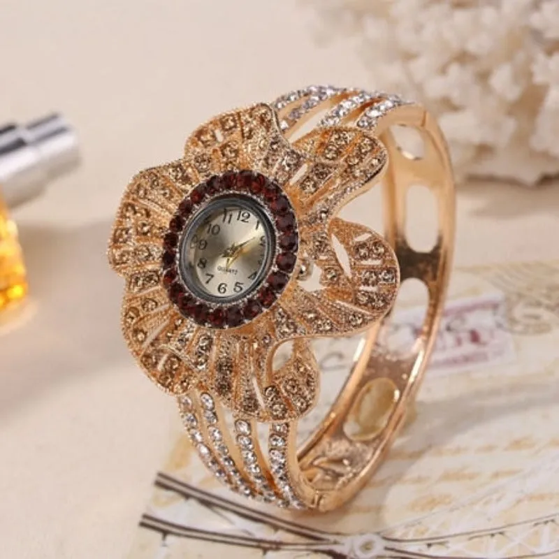 Big Flower Gemstone Watch Gold Wrist Watch Women Jewelry