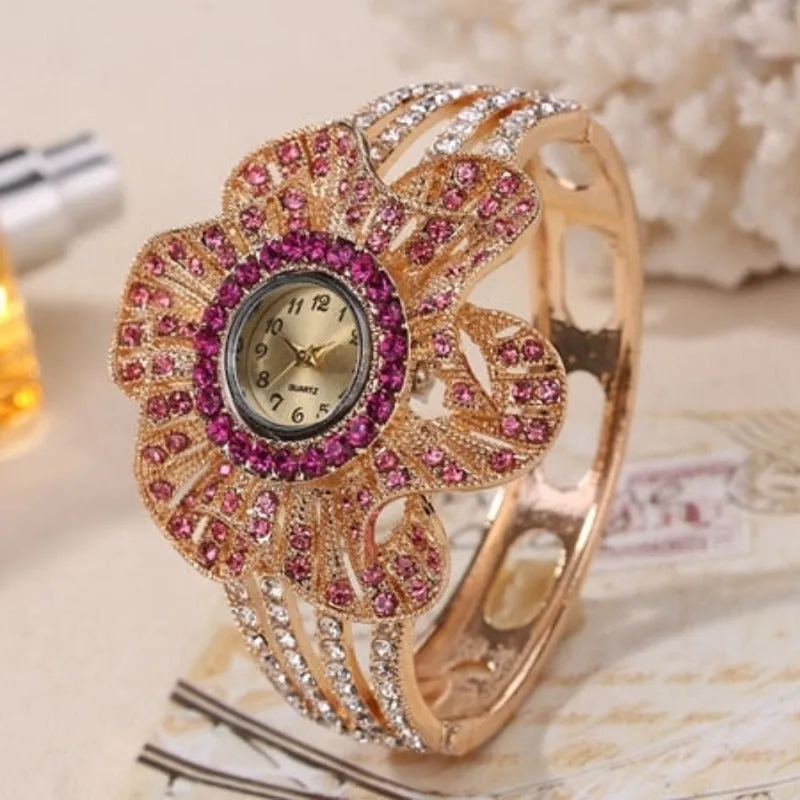 Big Flower Gemstone Watch Gold Wrist Watch Women Jewelry