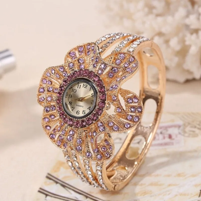 Big Flower Gemstone Watch Gold Wrist Watch Women Jewelry