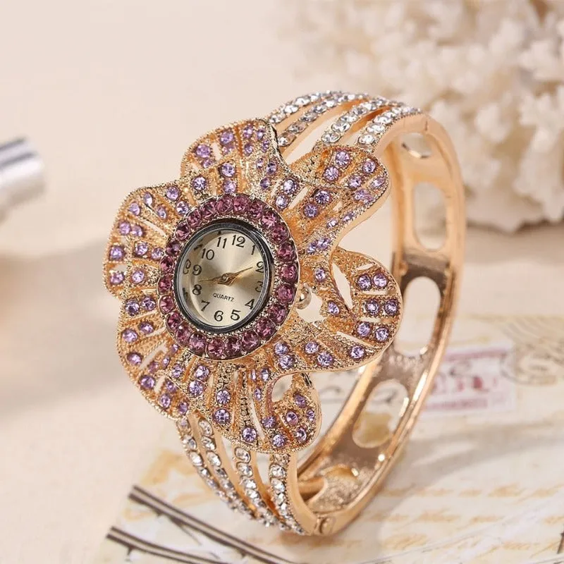 Big Flower Gemstone Watch Gold Wrist Watch Women Jewelry