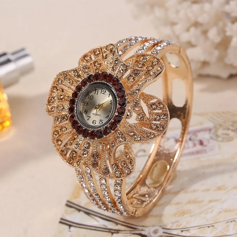 Big Flower Gemstone Watch Gold Wrist Watch Women Jewelry