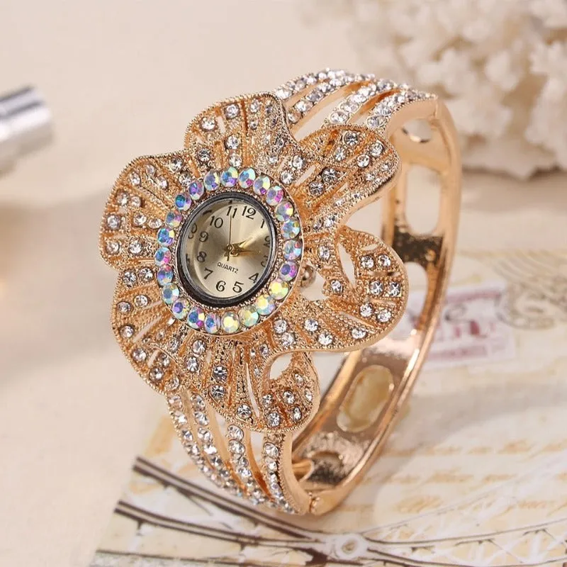Big Flower Gemstone Watch Gold Wrist Watch Women Jewelry