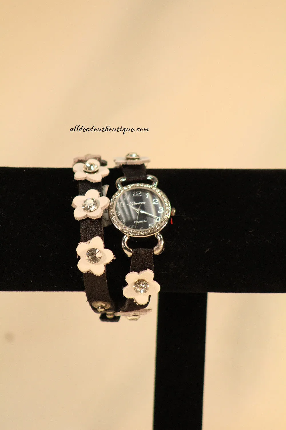 Black/Black, White Flowers | Leather Band w/ Button Clasp