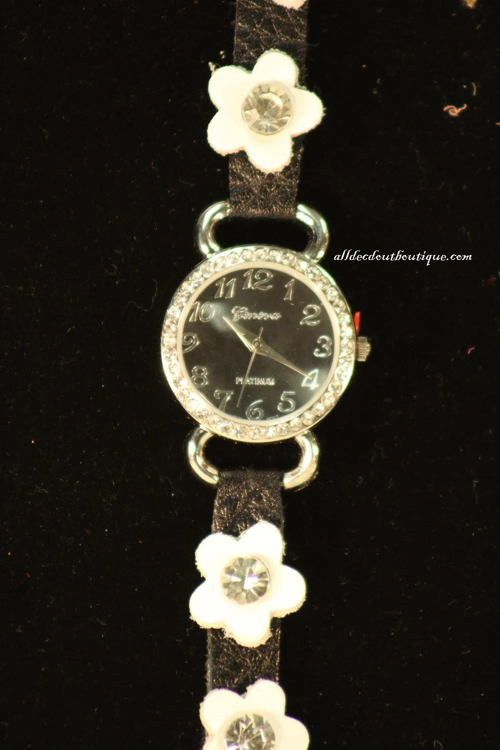Black/Black, White Flowers | Leather Band w/ Button Clasp