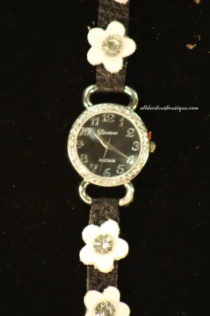 Black/Black, White Flowers | Leather Band w/ Button Clasp