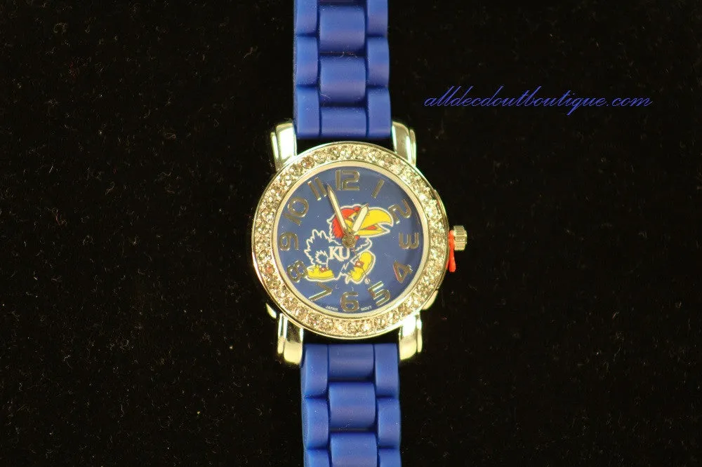 Blue/Blue KU Jay hawk Clear Rhinestones | Silicone Band