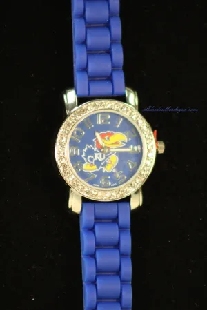 Blue/Blue KU Jay hawk Clear Rhinestones | Silicone Band