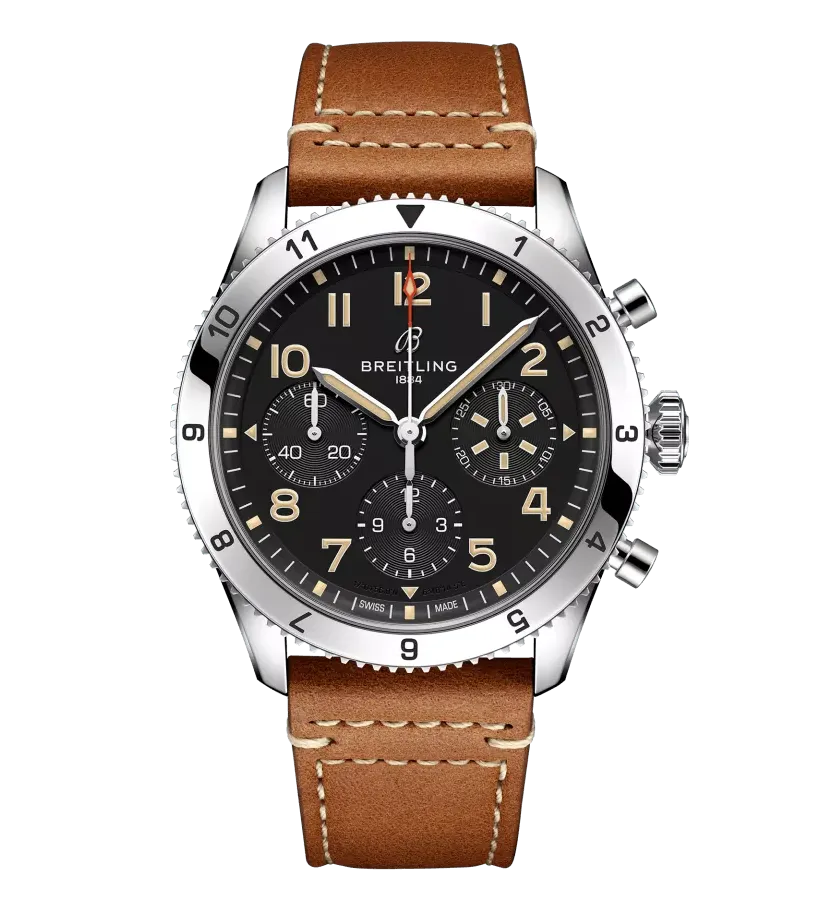 Breitling Classic AVI Chronograph 42 P-51 Mustang Watch with a Gold Brown Leather Strap