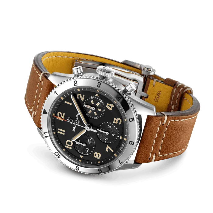 Breitling Classic AVI Chronograph 42 P-51 Mustang Watch with a Gold Brown Leather Strap
