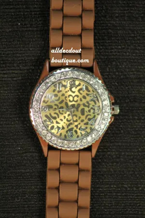 Brown/Gold Jag Print Clear Rhinestones | Silicone Band