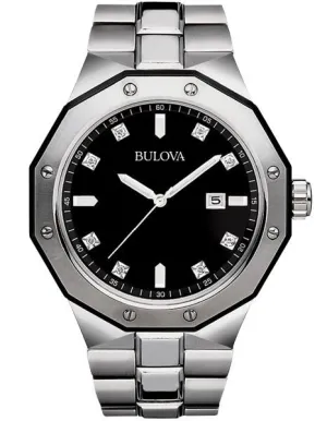 Bulova Mens 8 Diamond Black Dial Marine Star - Date - Stainless Steel - Bracelet