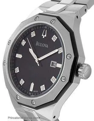 Bulova Mens 8 Diamond Black Dial Marine Star - Date - Stainless Steel - Bracelet