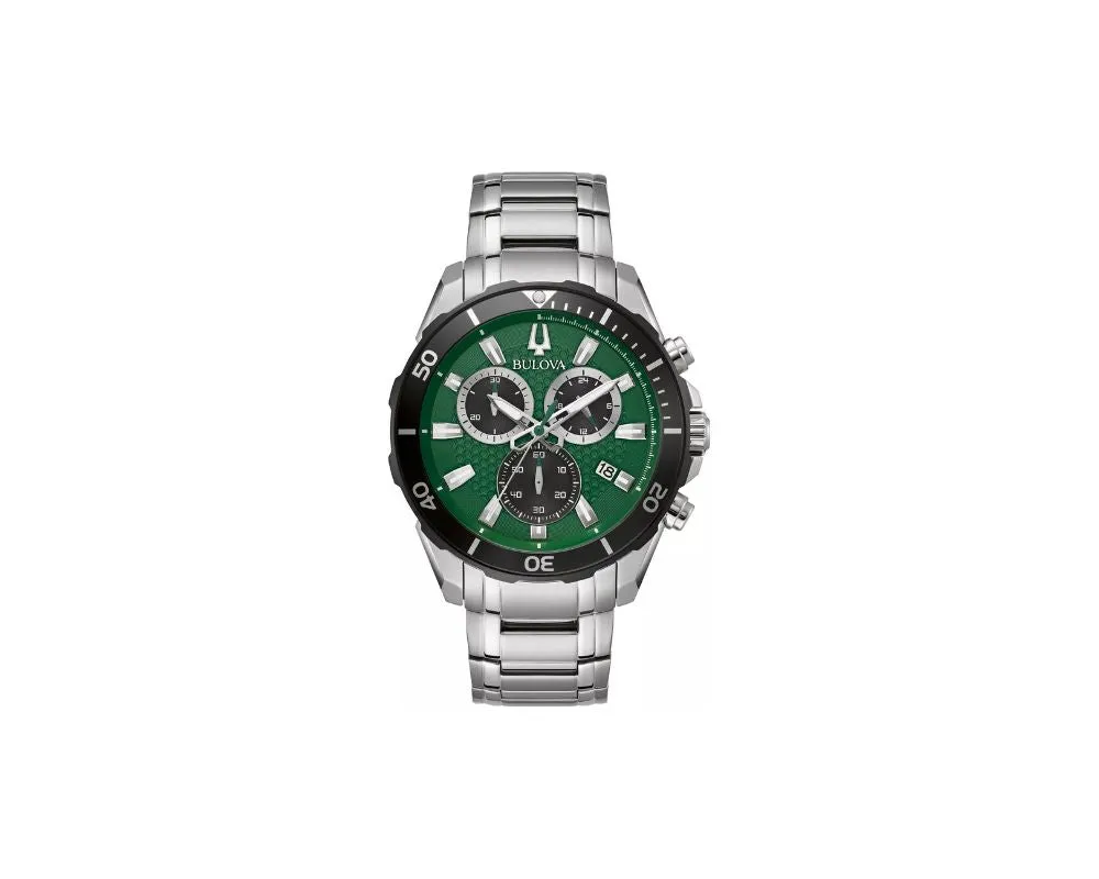 Bulova Men's Marine Star Chronograph Calendar Quartz Silver Watch 45 MM 98B395: Timeless Elegance with Precision