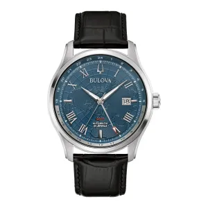 Bulova Wilton GMT Mens Automatic Stainless Steel Blue Dial Black Leather Strap Watch