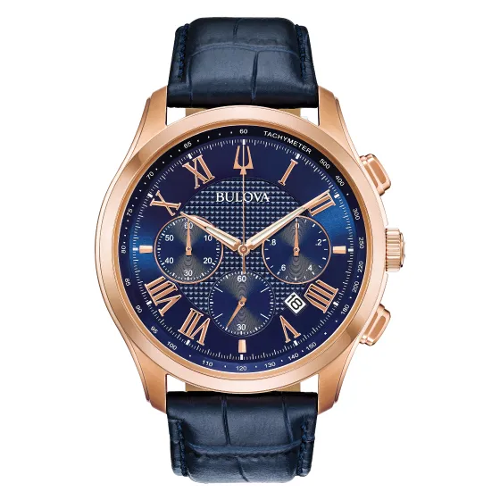 Bulova Wilton Mens Chronograph Rose Tone Blue Dial Blue Leather Strap Watch