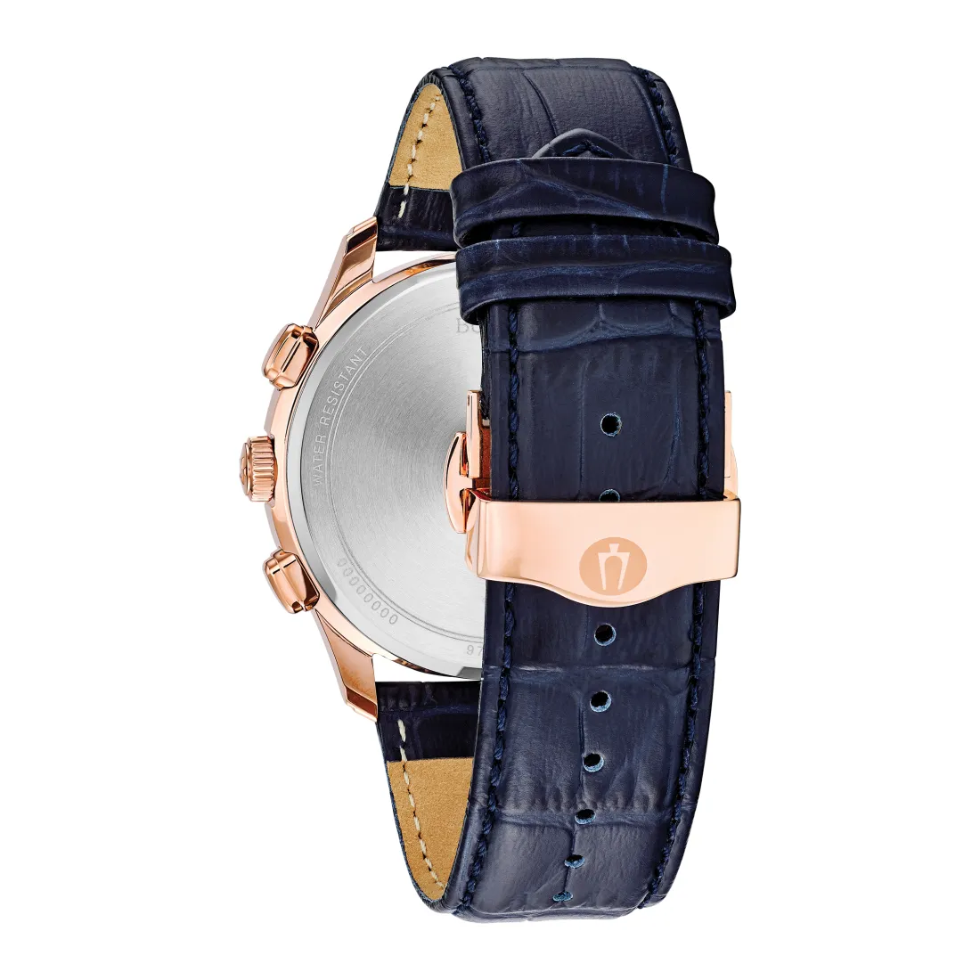 Bulova Wilton Mens Chronograph Rose Tone Blue Dial Blue Leather Strap Watch