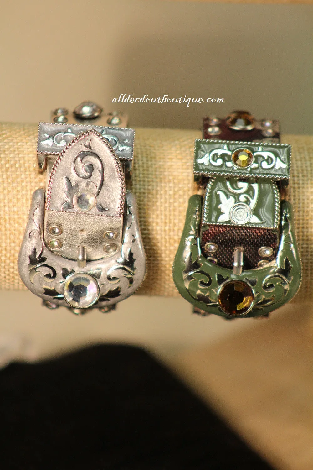Camouflage/White Silver Studs & Clear Rhinestones | Leather Band with Buckle Clasp