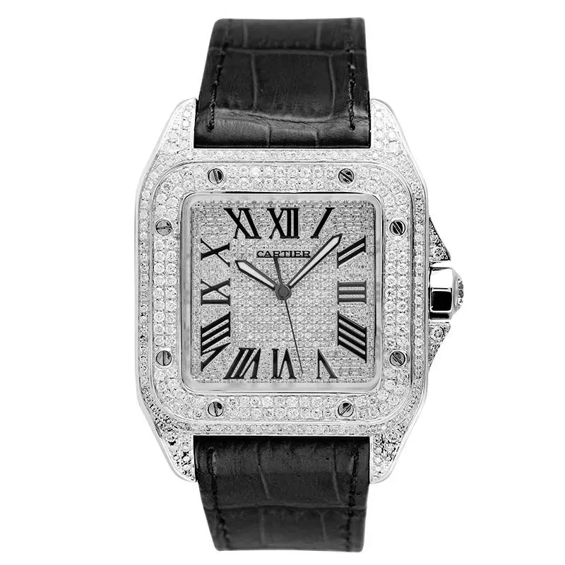 Cartier Santos 100 L Diamond Set Custom Watch Black Leather Strap W20073X8
