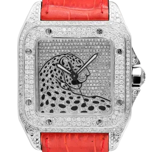 Cartier Santos 100 L Panthère Diamond Set Custom Watch Red Leather Strap W20073X8
