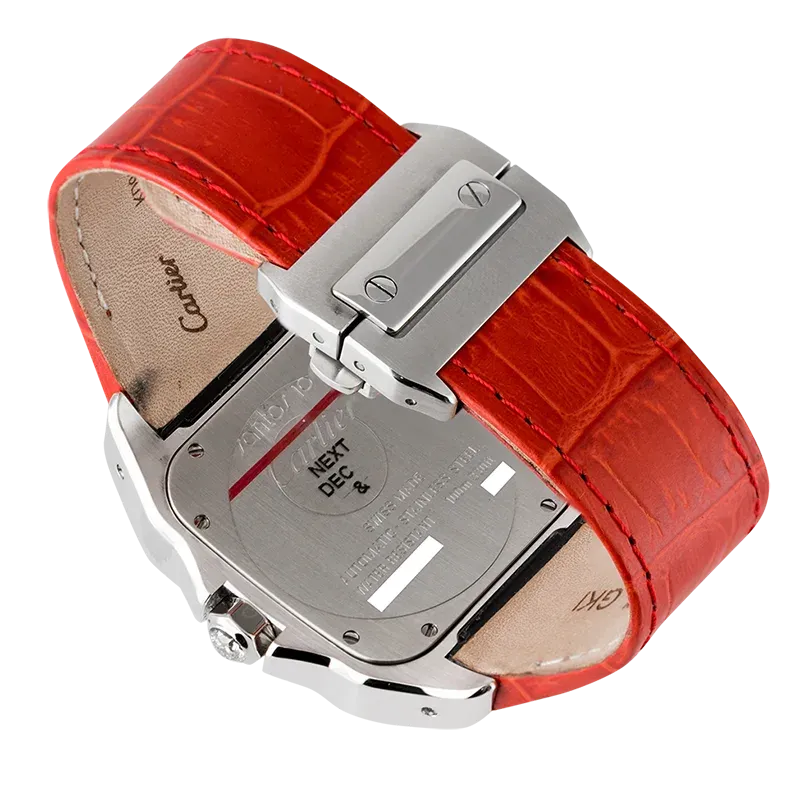 Cartier Santos 100 L Panthère Diamond Set Custom Watch Red Leather Strap W20073X8