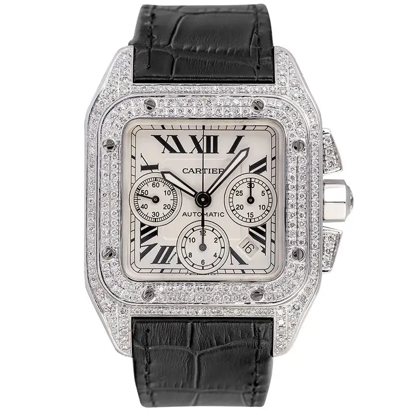 Cartier Santos 100 XL Chronograph Custom Diamond Set Black Strap W20090X8