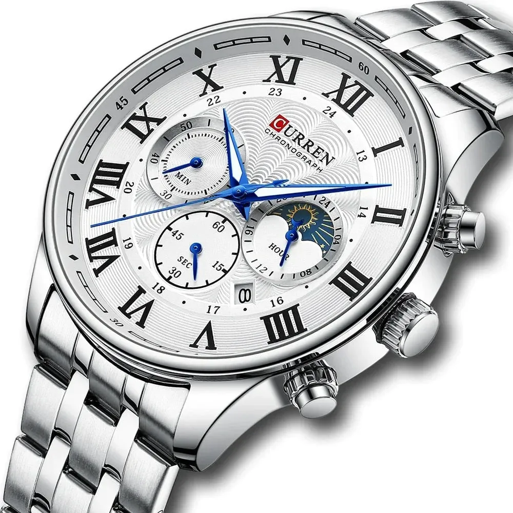 Casual Men's Watches with Date Classic Chronograph Stainless Steel Wristwatches with Luminous Hands Male Clock