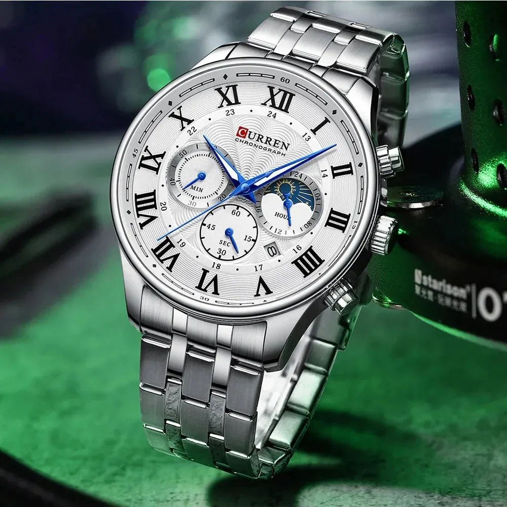 Casual Men's Watches with Date Classic Chronograph Stainless Steel Wristwatches with Luminous Hands Male Clock