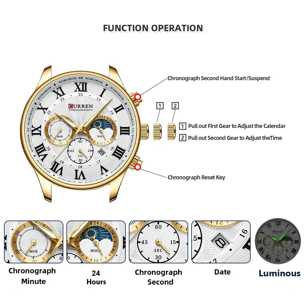 Casual Men's Watches with Date Classic Chronograph Stainless Steel Wristwatches with Luminous Hands Male Clock