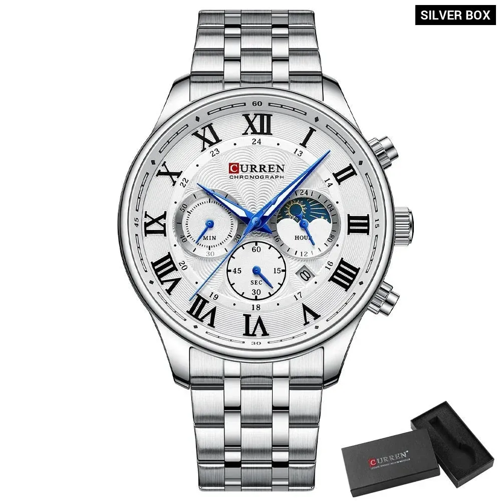 Casual Men's Watches with Date Classic Chronograph Stainless Steel Wristwatches with Luminous Hands Male Clock